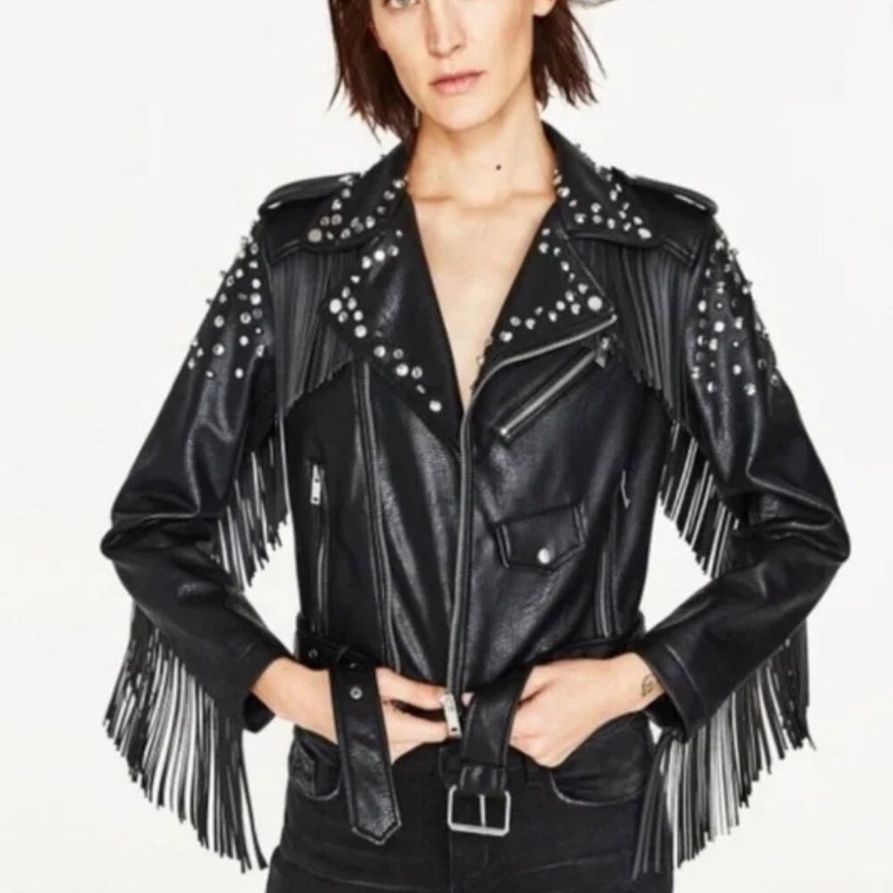 NWOT Zara Leather Stud Fringe Black Jacket *sz M*